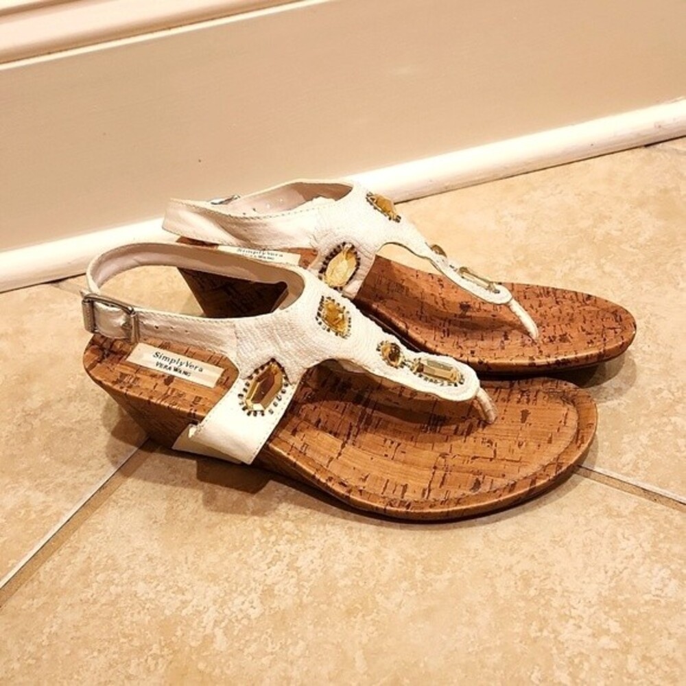 Simply Vera Vera Wang Brown Wedge Sandals w/ Bejeweled White Straps Size 10